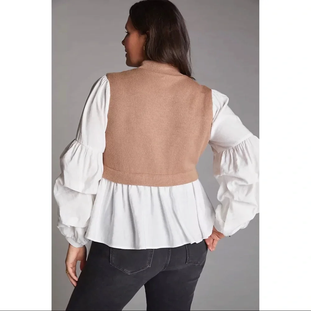 Anthropologie • Ruffled Layered Top tan sweater vest white puff sleeve blouse